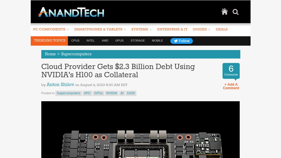 Screenshot of anandtech.com: Cloud Provider Gets $2.3B Loan Using Nvidia's H100 as Collateral