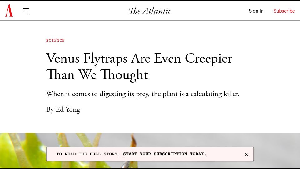 Screenshot of theatlantic.com: Venus flytraps count electrical impulses to induce the digestive process (2016)