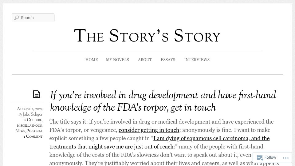 Screenshot of jakeseliger.com: If you have first-hand knowledge of the FDA’s torpor, get in touch
