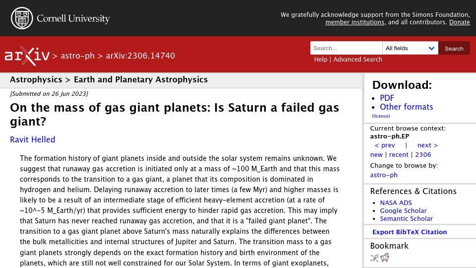 Screenshot of arxiv.org: Is Saturn a failed gas giant?