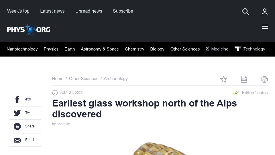 Screenshot of phys.org: Earliest glass workshop north of the Alps discovered