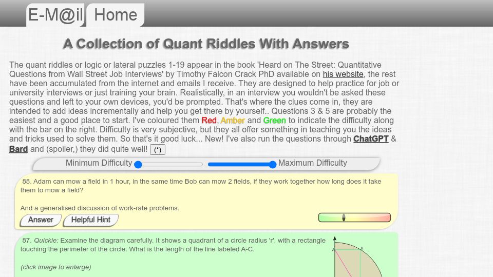 Screenshot of puzzles.nigelcoldwell.co.uk: A collection of quant riddles with answers