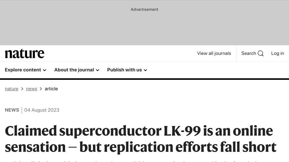 Screenshot of nature.com: LK-99 is an online sensation – but replication efforts fall short
