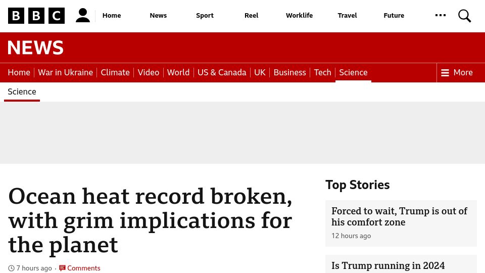 Screenshot of bbc.com: Ocean Heat Record Broken