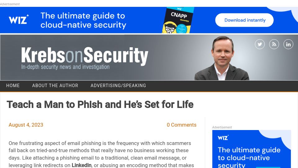 Screenshot of krebsonsecurity.com: Teach a man to phish and he’s set for life