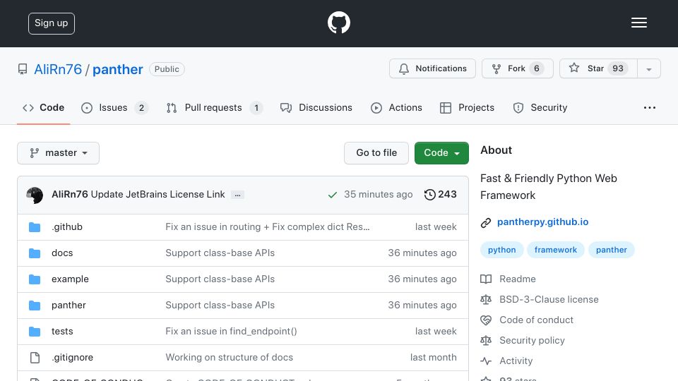 Screenshot of github.com: New web framework for Python in development