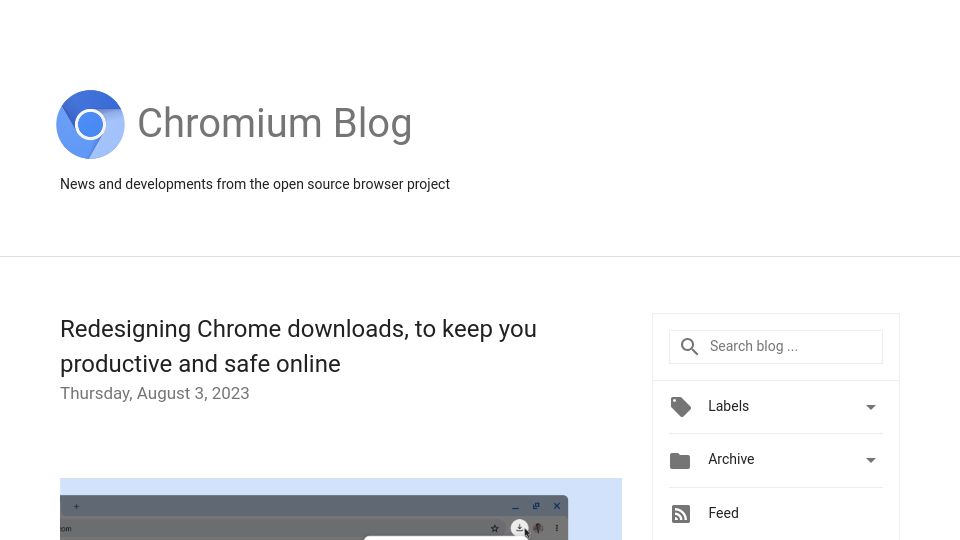 Screenshot of blog.chromium.org: Redesigning Chrome Downloads