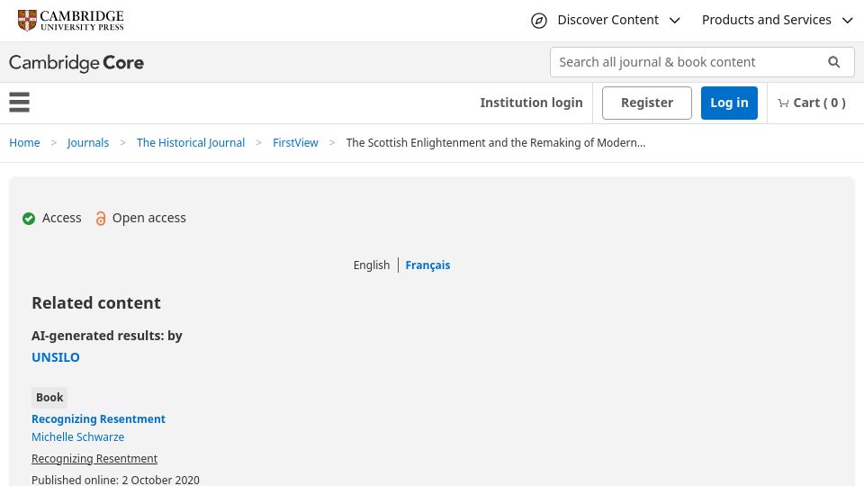 Screenshot of cambridge.org: The Scottish Enlightenment and the Remaking of Modern History