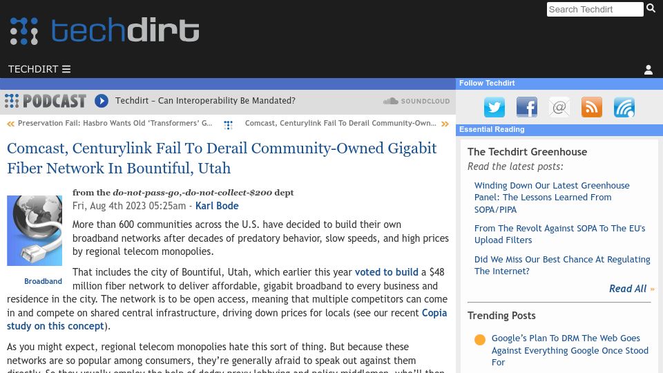Screenshot of techdirt.com: Comcast, CenturyLink fail to derail Utah community-owned gigabit fiber network