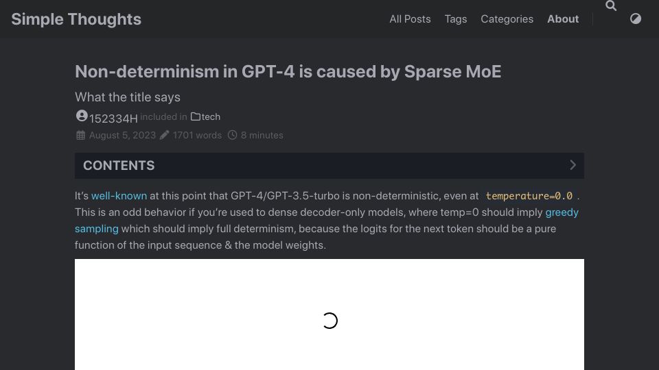 Screenshot of 152334h.github.io: Non-determinism in GPT-4 is caused by Sparse MoE