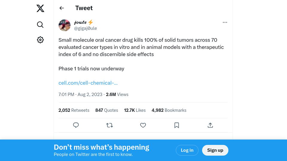 Screenshot of twitter.com: Oral cancer drug kills 100% of tumors in vitro and in animal models