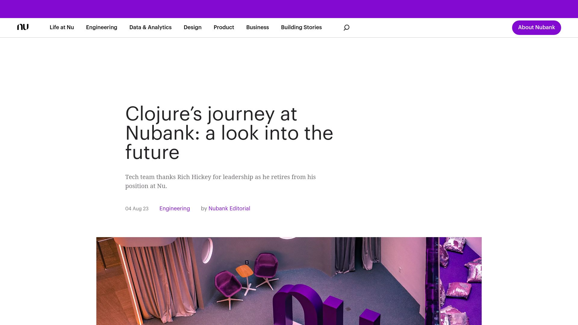 Screenshot of building.nubank.com.br: Rich Hickey is retiring from Nubank