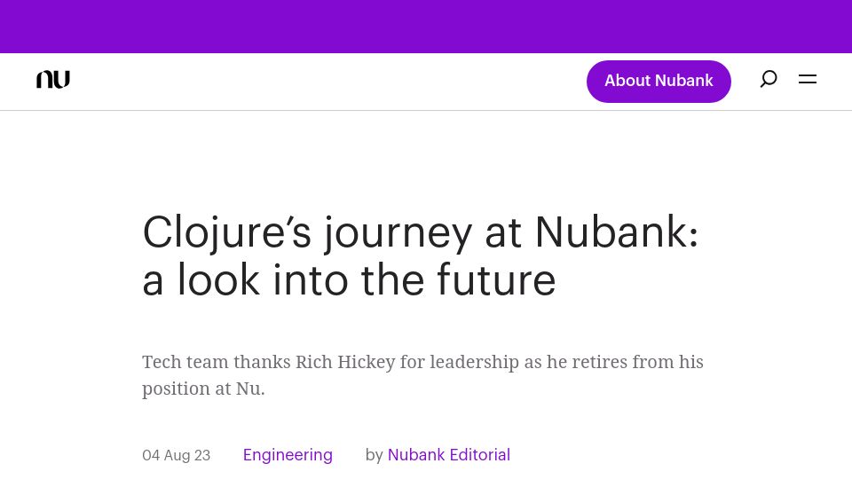 Screenshot of building.nubank.com.br: Rich Hickey is retiring from Nubank