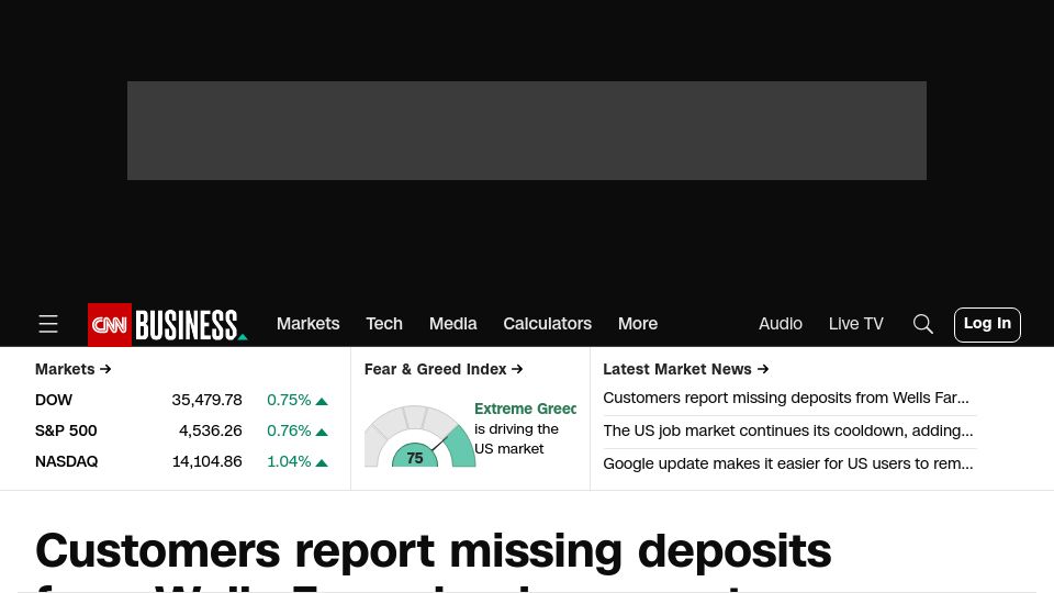 Screenshot of cnn.com: Customers report missing deposits from Wells Fargo bank accounts
