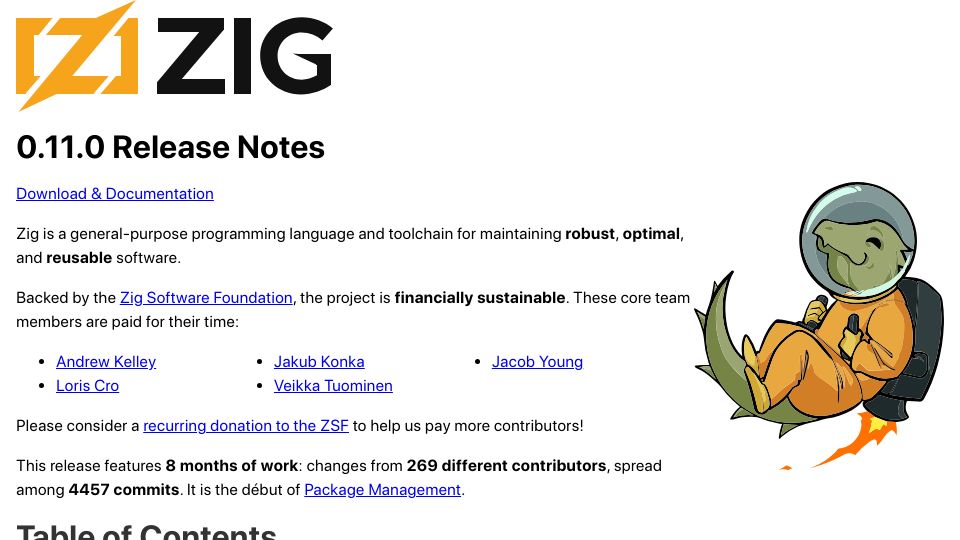 Screenshot of ziglang.org: Zig 0.11