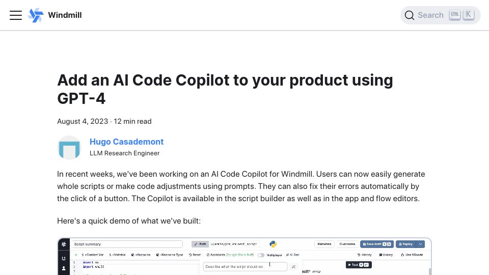 Screenshot of windmill.dev: Add an AI Code Copilot to your product using GPT-4