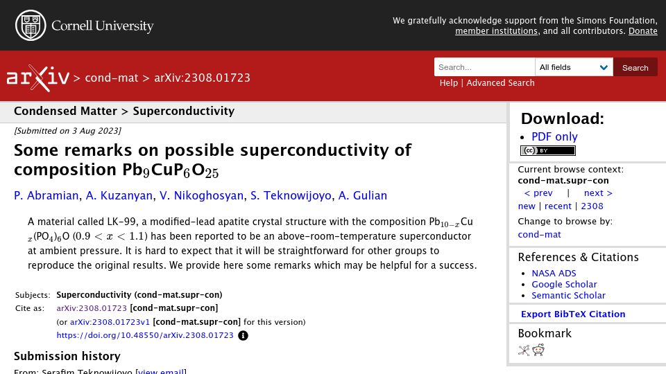 Screenshot of arxiv.org: Some remarks on possible superconductivity of composition Pb9CuP6O25