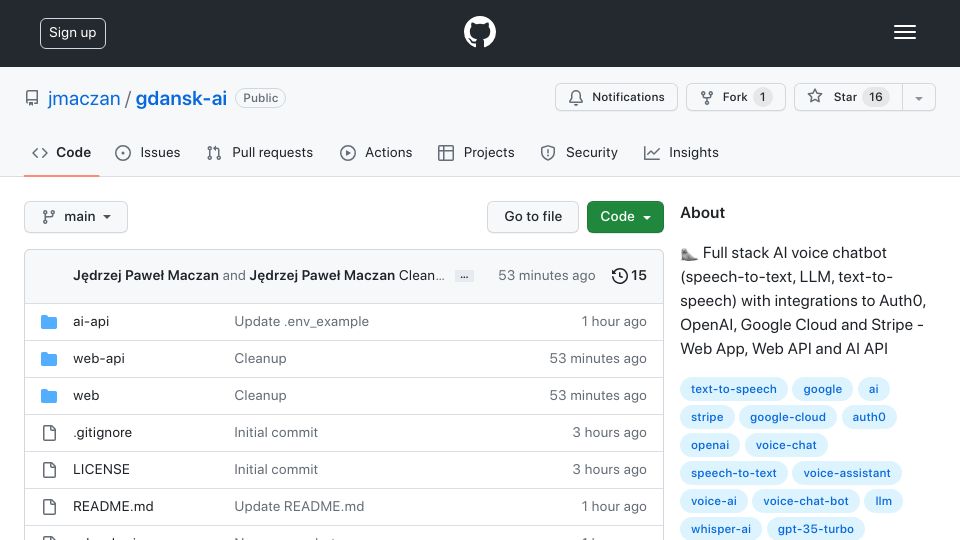 Screenshot of github.com: Show HN: Gdańsk AI – full stack AI voice chatbot