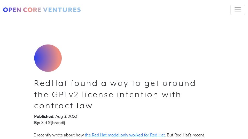 Screenshot of opencoreventures.com: RedHat found a way to get around the GPLv2 license intention with contract law
