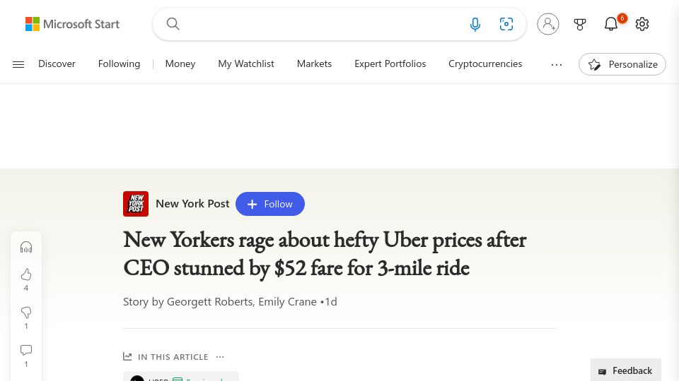 Screenshot of msn.com: Uber CEO stunned by $52 fare for 3-mile ride