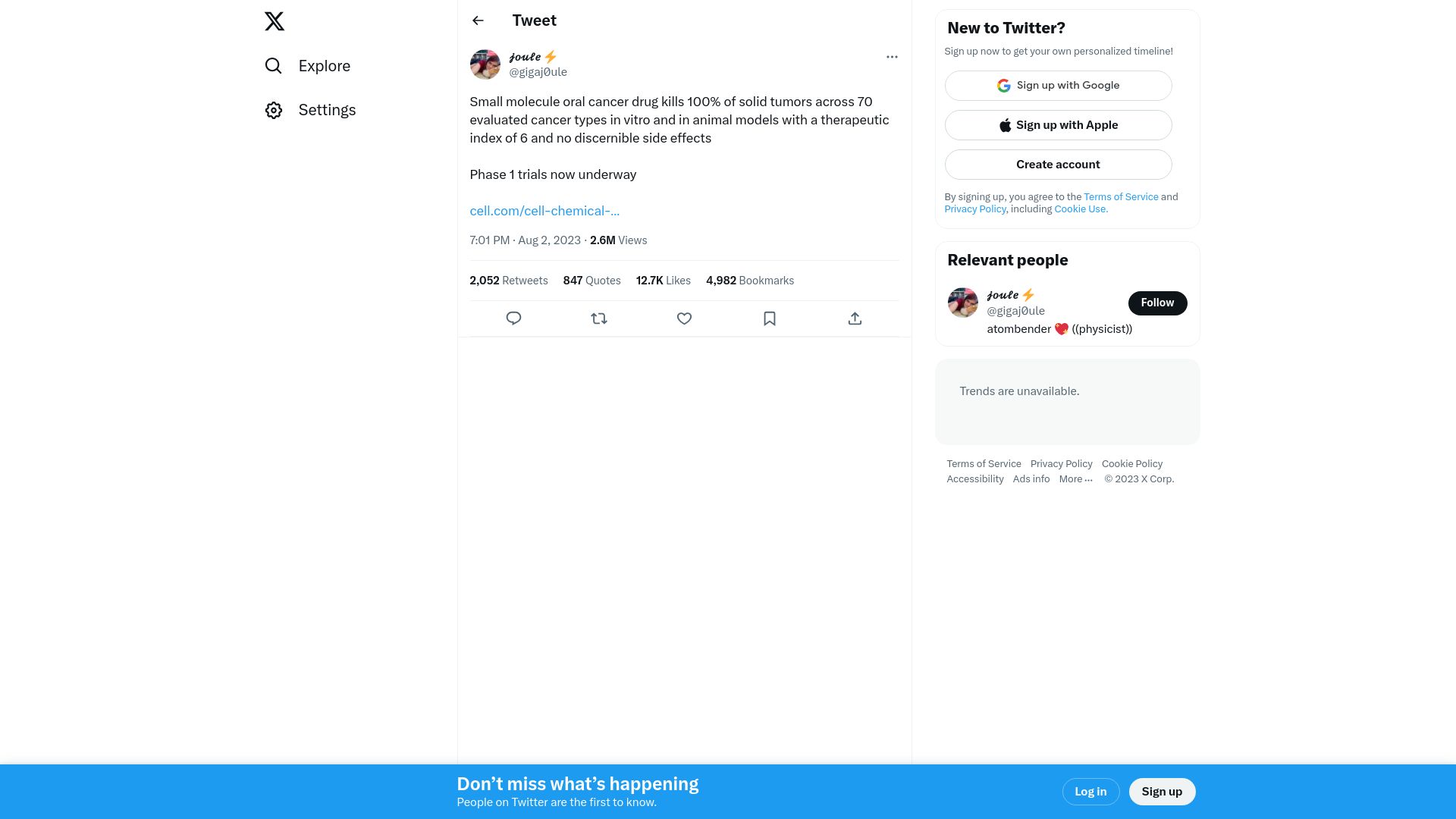 Screenshot of twitter.com: Oral cancer drug kills 100% of tumors in vitro and in animal models