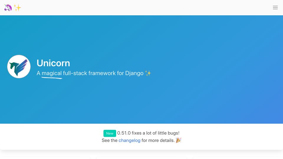 Screenshot of django-unicorn.com: Unicorn – A full-stack web framework for Django