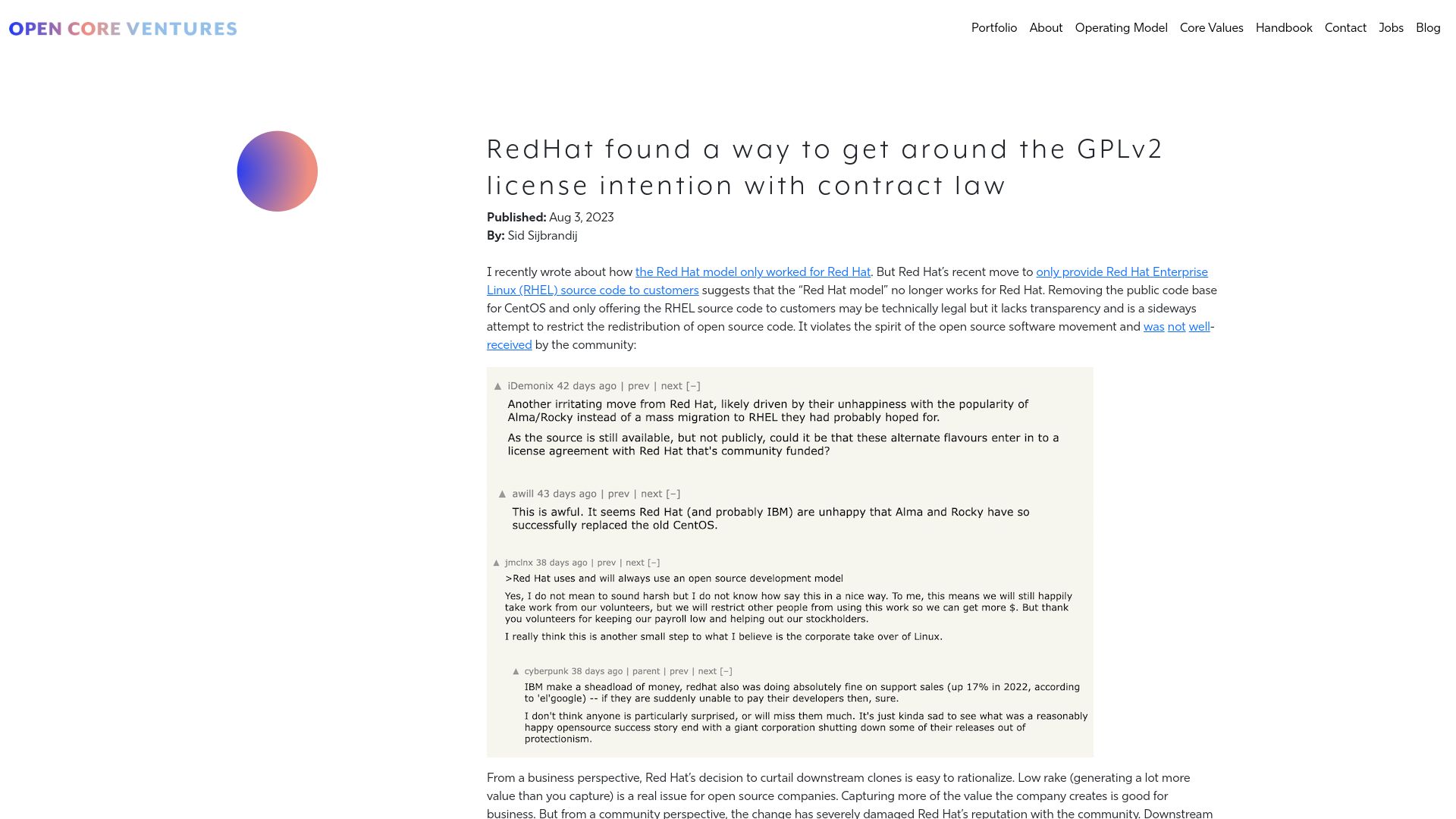 Screenshot of opencoreventures.com: RedHat found a way to get around the GPLv2 license intention with contract law