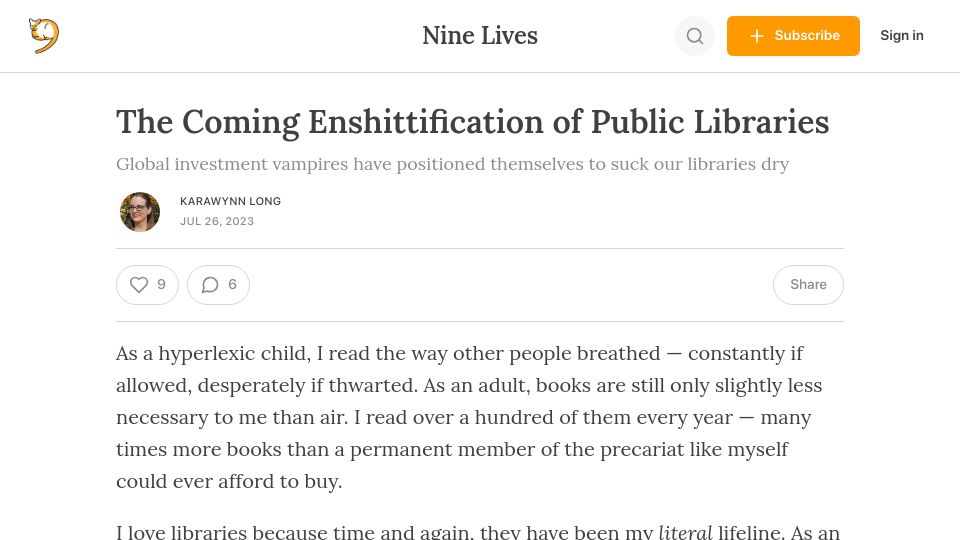 Screenshot of karawynn.substack.com: The Coming Enshittification of Public Libraries