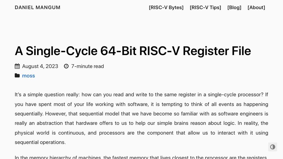 Screenshot of danielmangum.com: A Single-Cycle 64-Bit RISC-V Register File