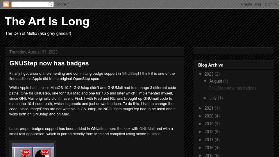 Screenshot of multixden.blogspot.com: GNUStep now has badges