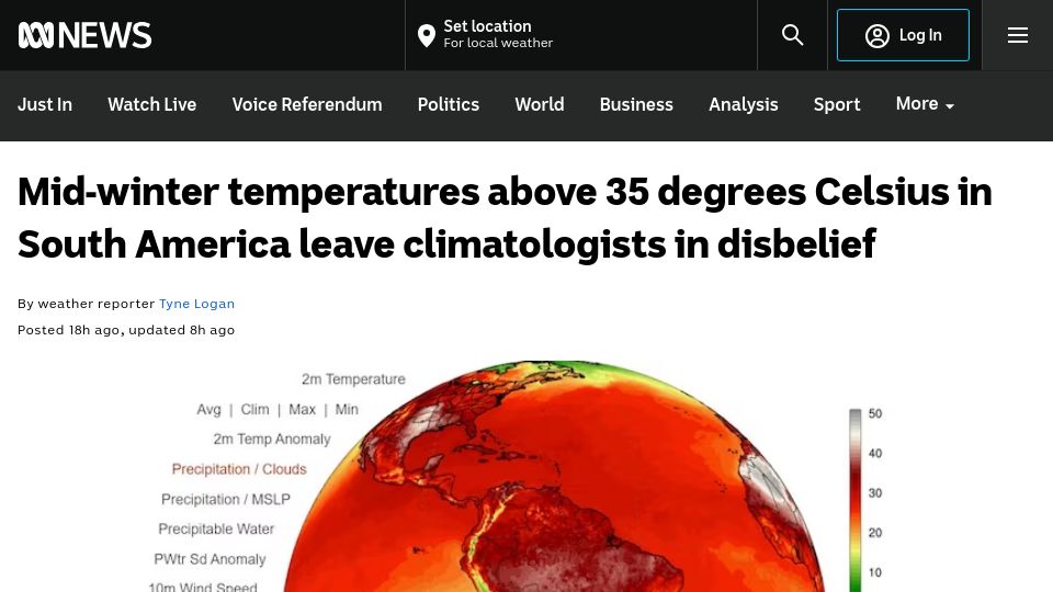 Screenshot of abc.net.au: Winter temperatures above 35C in South America leave climatologists in disbelief