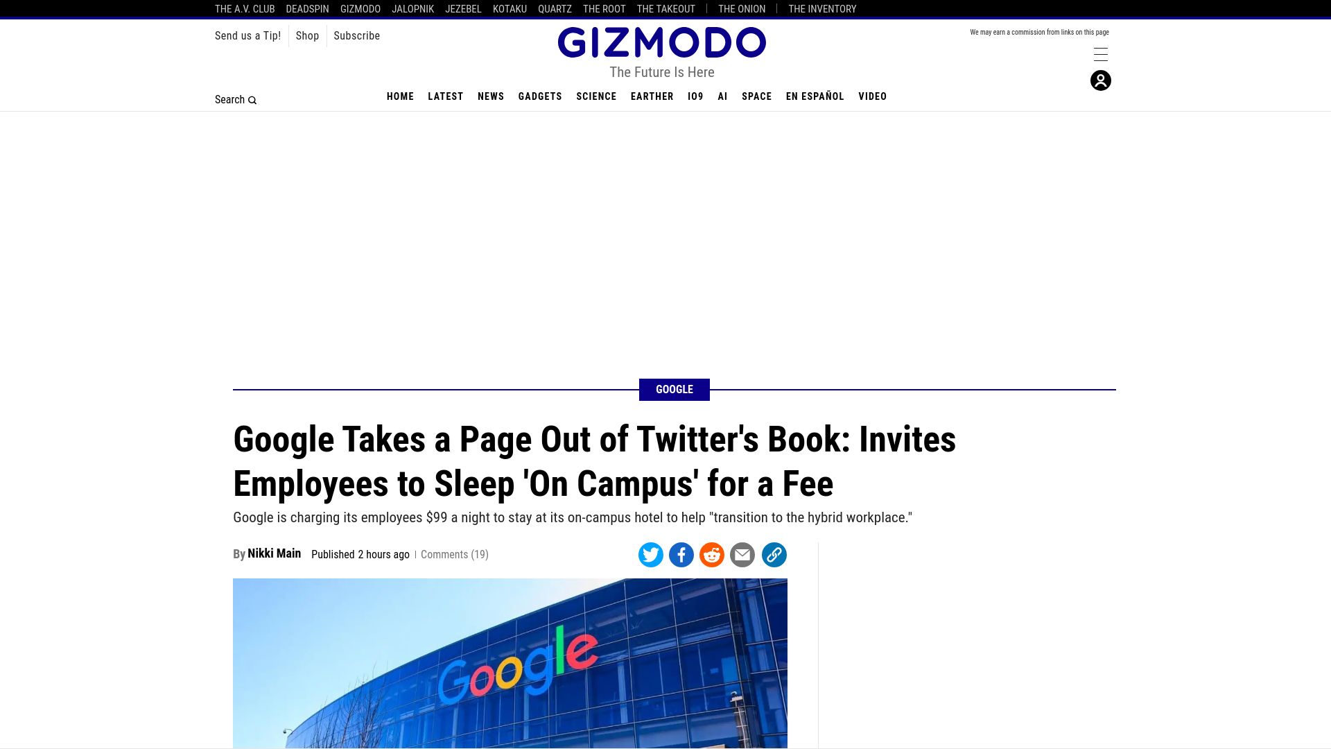 Screenshot of gizmodo.com: Google Invites Employees to Sleep 'On Campus' for a Fee