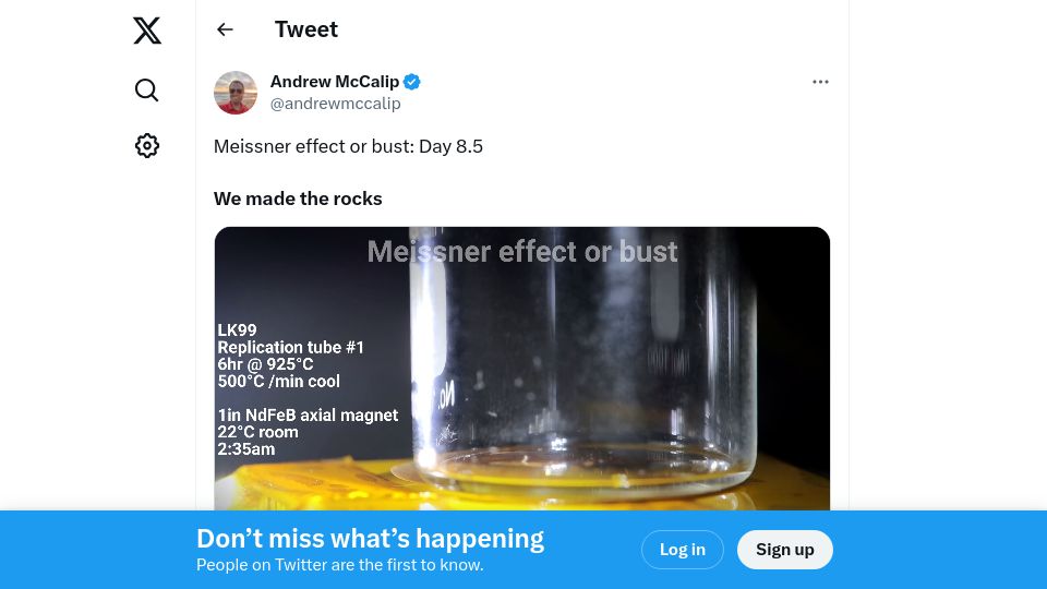 Screenshot of twitter.com: Andrew McCalip demonstrates synthesis of LK99