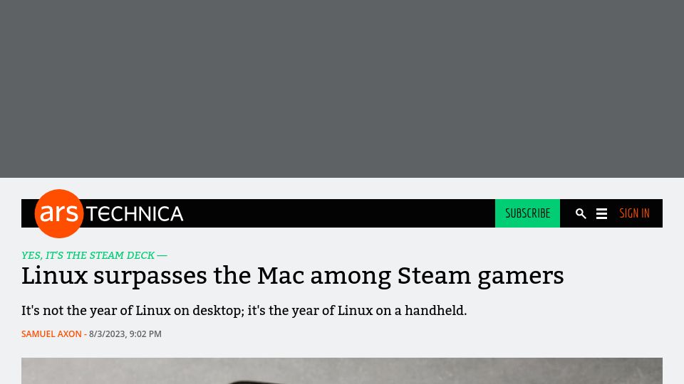 Screenshot of arstechnica.com: Linux surpasses the Mac among Steam gamers