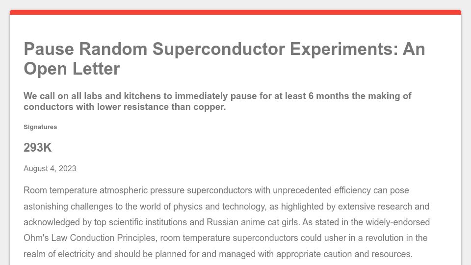 Screenshot of futureofliff.org: Pause Random Superconductor Experiments: An Open Letter