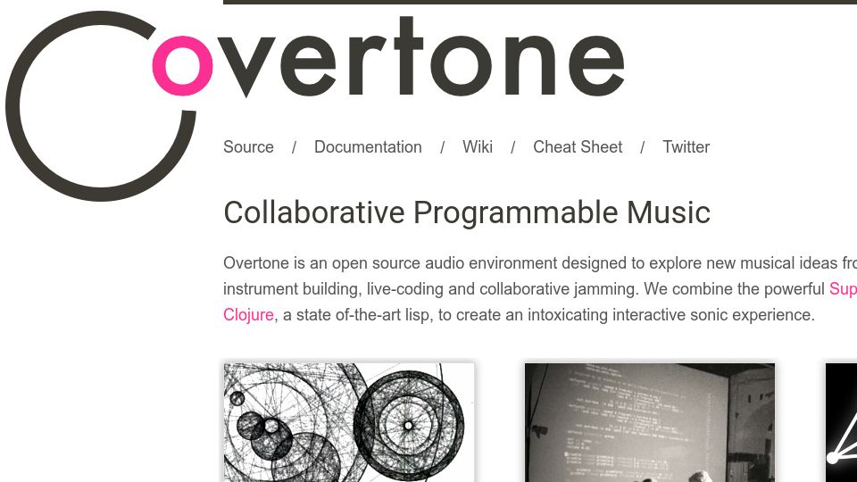 Screenshot of overtone.github.io: Overtone – programmable, live music in Clojure