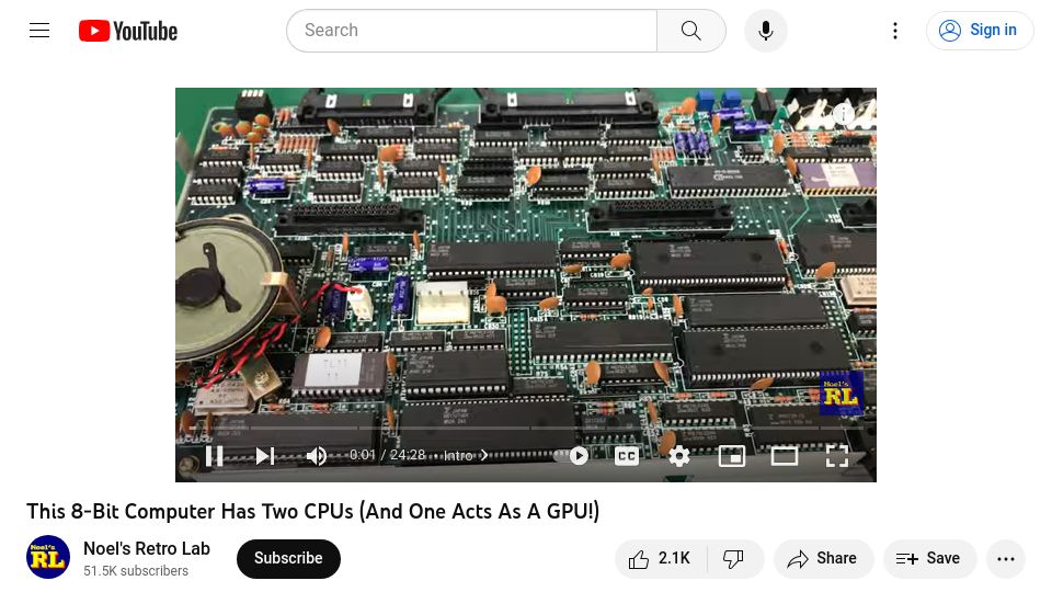 Screenshot of youtube.com: This 8-bit computer has two CPUs and one acts as a GPU [video]