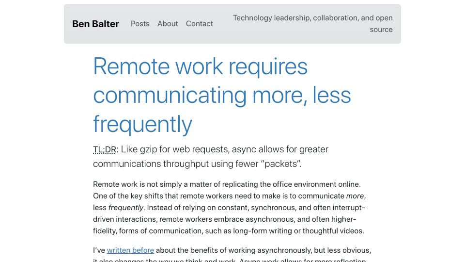Screenshot of ben.balter.com: Remote work requires communicating more, but less frequently