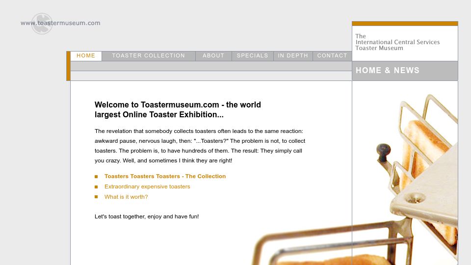 Screenshot of toastermuseum.com: The worlds largest Online Toaster Exhibition
