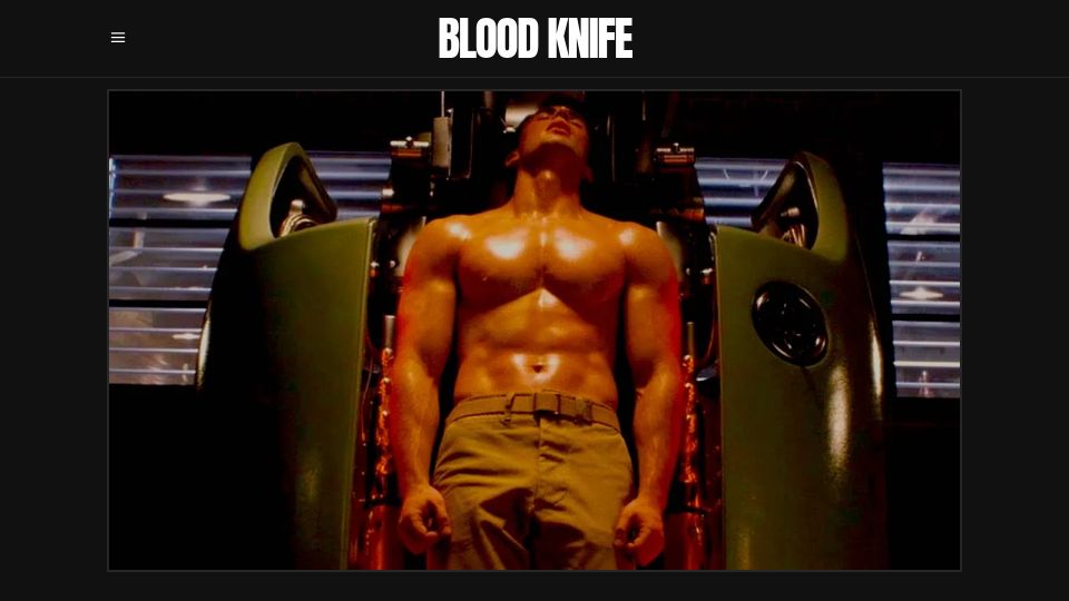 Screenshot of bloodknife.com: Modern action films fetishize the body even as they desexualize it (2021)