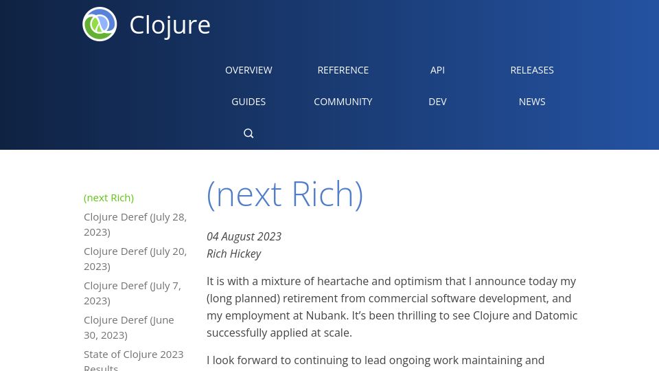 Screenshot of clojure.org: (next Rich)