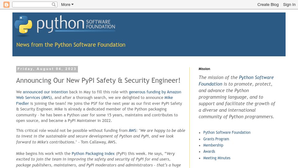 Screenshot of pyfound.blogspot.com: PSF Hires PyPI Safety and Security Engineer