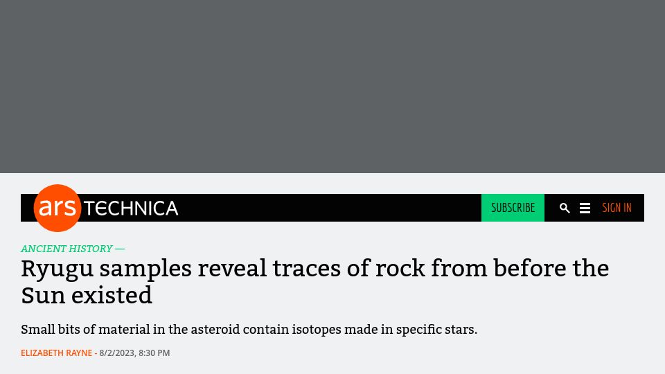 Screenshot of arstechnica.com: Ryugu samples reveal traces of rock from before the Sun existed