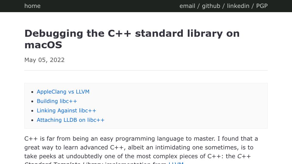 Screenshot of jviotti.com: Debugging the C++ standard library on macOS (2022)