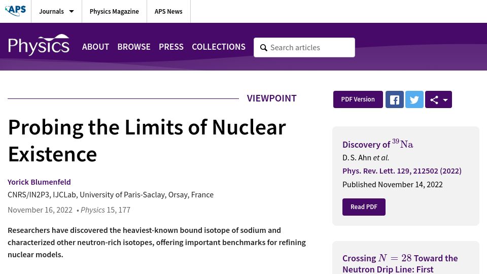 Screenshot of physics.aps.org: Probing the limits of nuclear existence (2022)