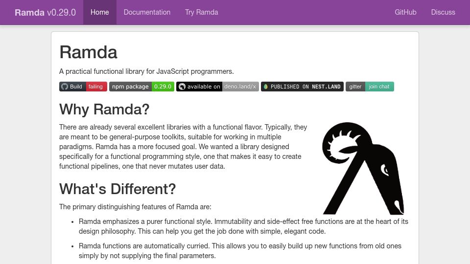 Screenshot of ramdajs.com: Ramda: A practical functional library for JavaScript programmers