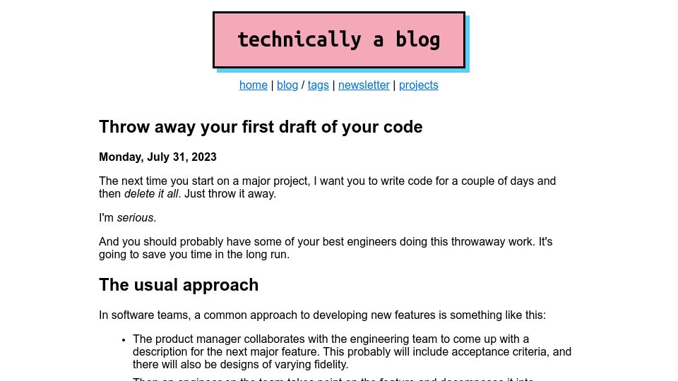 Screenshot of ntietz.com: Throw away your first draft of your code