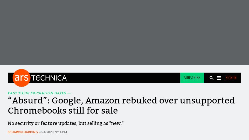 Screenshot of arstechnica.com: “Absurd”: Google, Amazon rebuked over unsupported Chromebooks still for sale