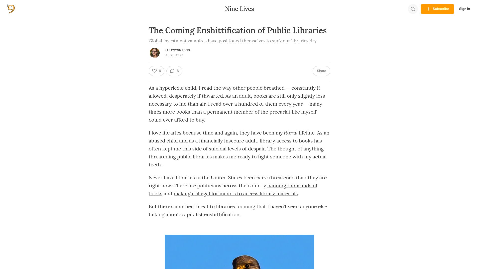 Screenshot of karawynn.substack.com: The Coming Enshittification of Public Libraries