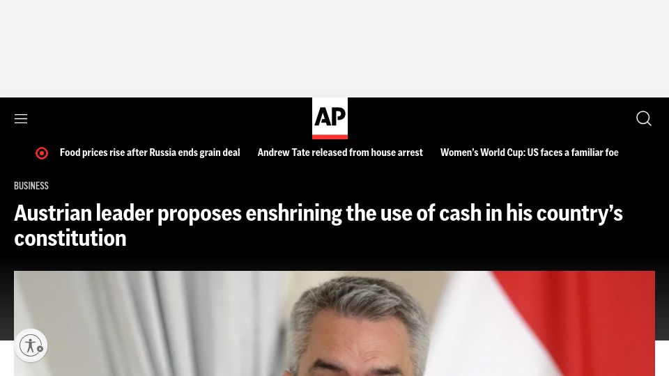 Screenshot of apnews.com: Austrian leader proposes enshrining the use of cash in country's constitution